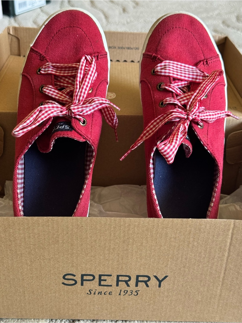 Sperry Red Canvas Boat Sneakers with Gingham Laces